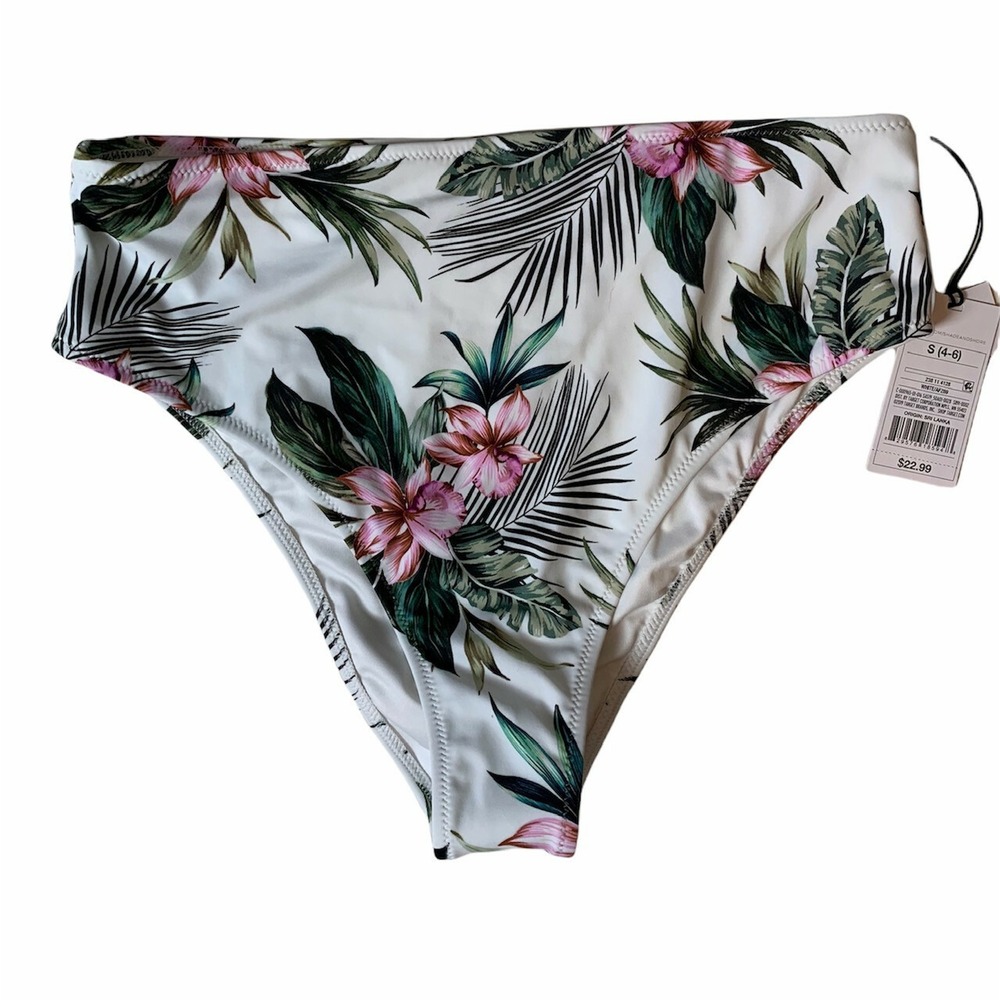NWT! Women's High Leg High Waist Bikini Bottom Shade and Shore White‎ Floral Sm